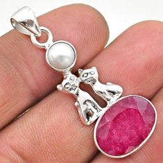 925 sterling silver 6.45cts natural red ruby pearl two cats pendant t73904