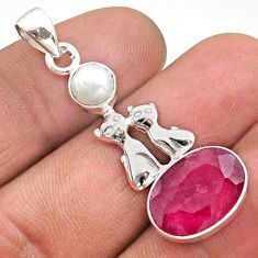 925 sterling silver 6.46cts natural red ruby pearl two cats pendant t73933