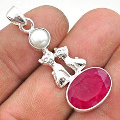 925 sterling silver 6.82cts natural red ruby pearl two cats pendant t73944