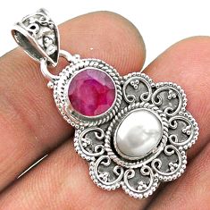 925 sterling silver 4.43cts natural red ruby round pearl pendant jewelry t69550