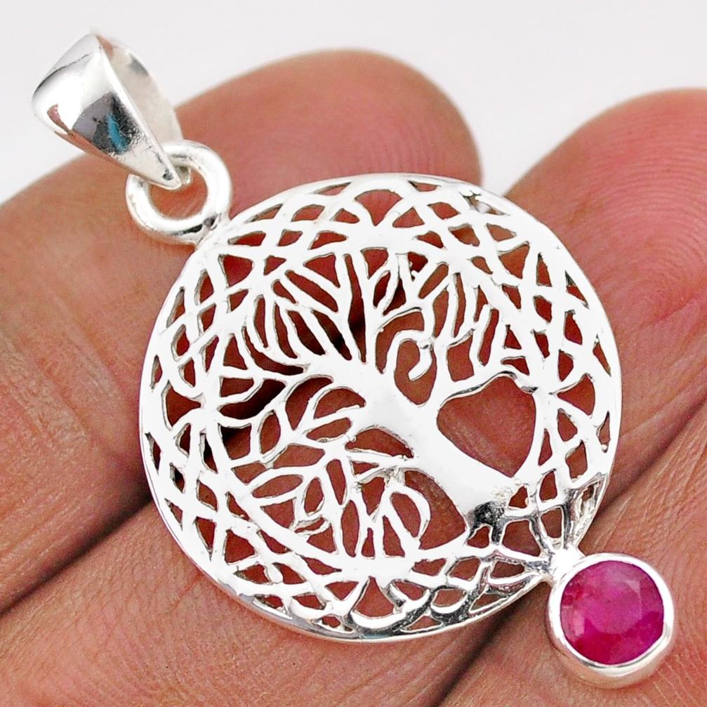 925 sterling silver 0.79cts natural red ruby round tree of life pendant t88470