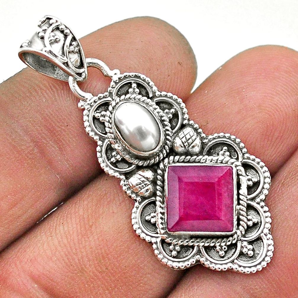 925 sterling silver 4.71cts natural red ruby square pearl pendant jewelry t69559