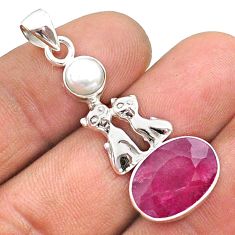 925 sterling silver 6.45cts natural red ruby white pearl two cats pendant t73895