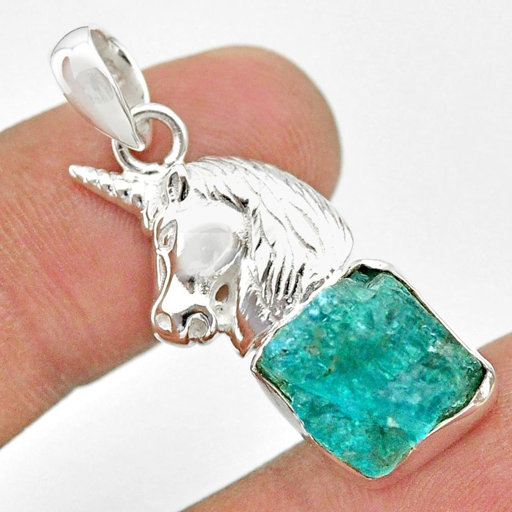 925 sterling silver 7.22cts natural sky apatite rough unicorn pendant t30986