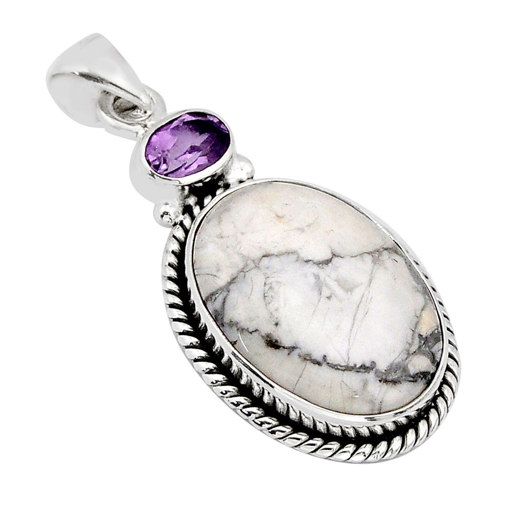 925 sterling silver 16.54cts natural white howlite oval amethyst pendant y66503