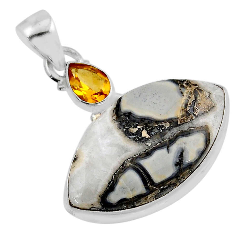 925 sterling silver 16.94cts natural white howlite yellow citrine pendant y53456