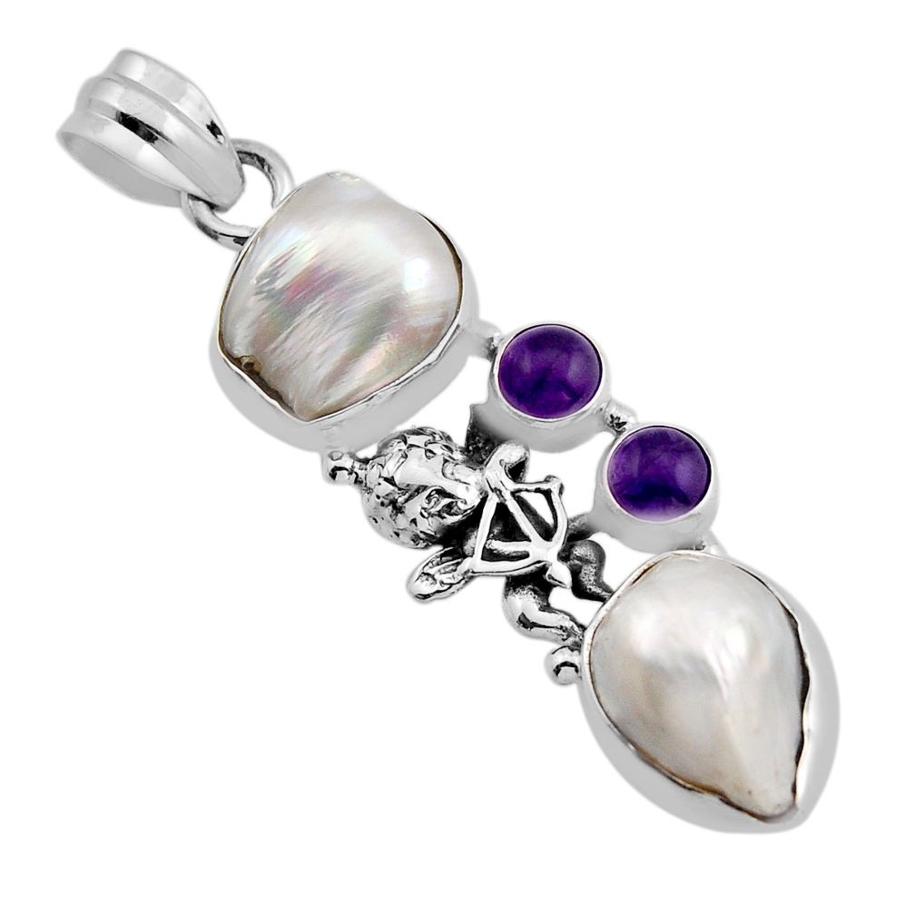 925 sterling silver 10.44cts natural white pearl amethyst angel pendant n1256