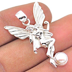 925 sterling silver 0.90cts natural white pearl angel wings fairy pendant u14750