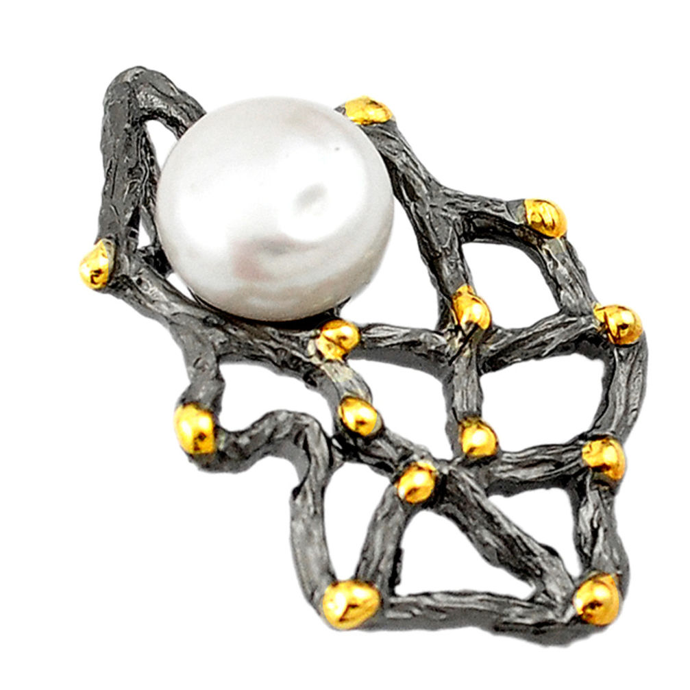 925 sterling silver natural white pearl black rhodium 14k gold pendant c24192