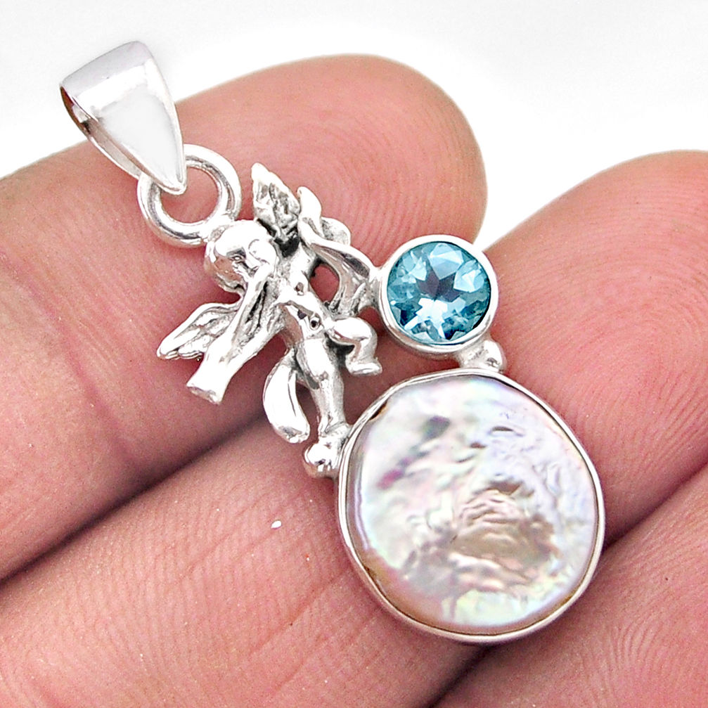 925 sterling silver 5.96cts natural white pearl blue topaz angel pendant y61043