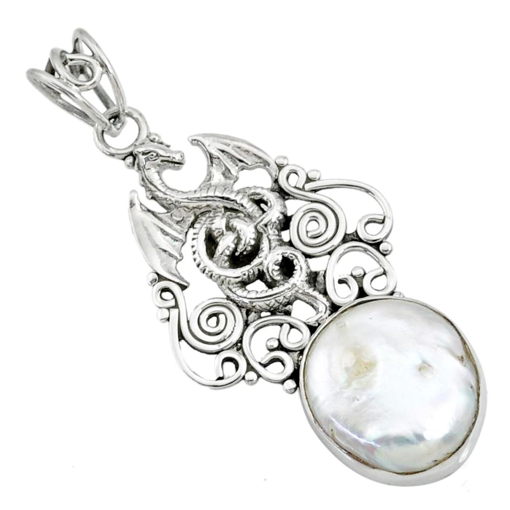 925 sterling silver 14.12cts natural white pearl dragon pendant jewelry r72854
