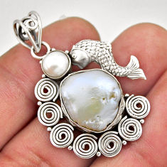 925 sterling silver 8.68cts natural white pearl fish pendant jewelry n33945