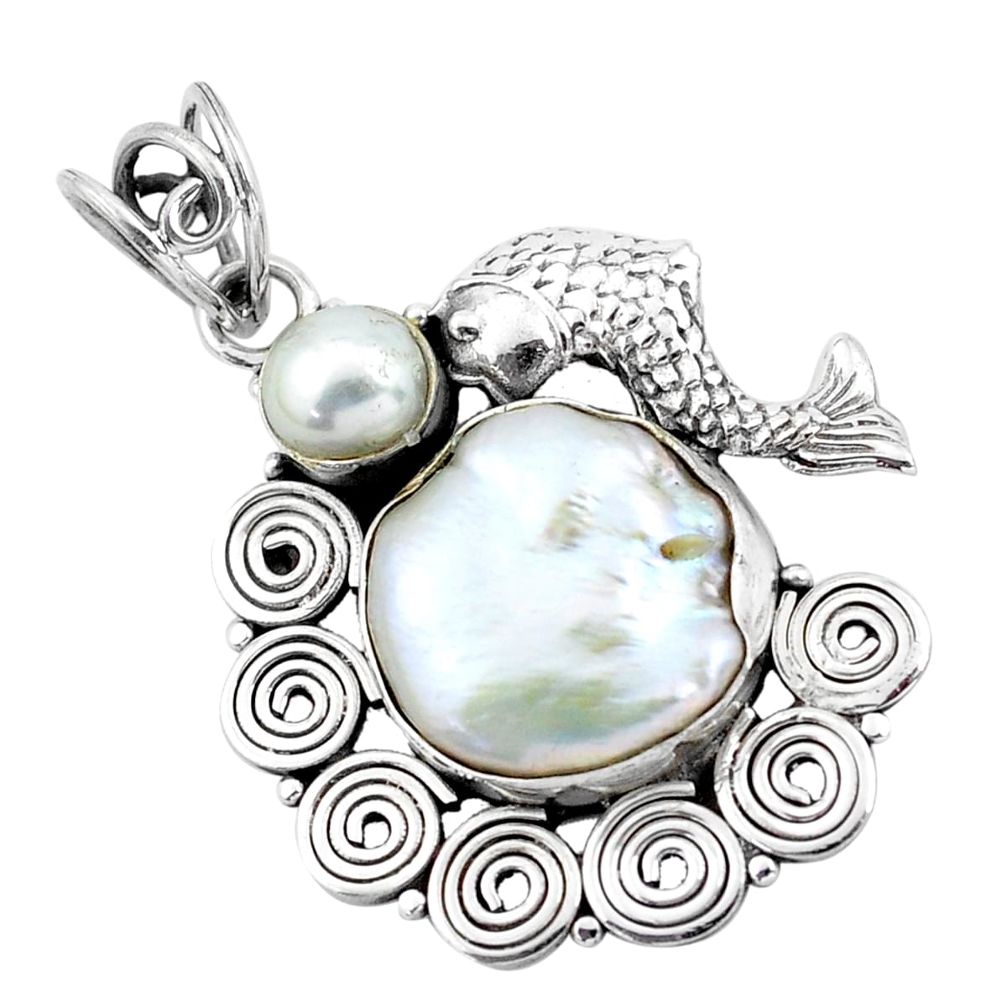 925 sterling silver 15.33cts natural white pearl fish pendant jewelry p58770