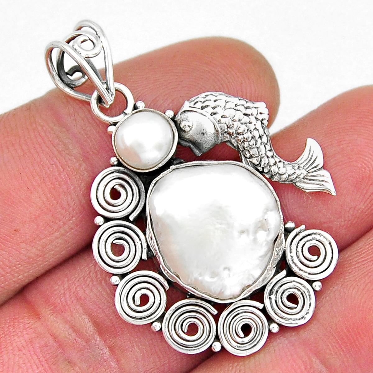 Natural Pearl shops 925 Sterling Silver FIsh Pendant