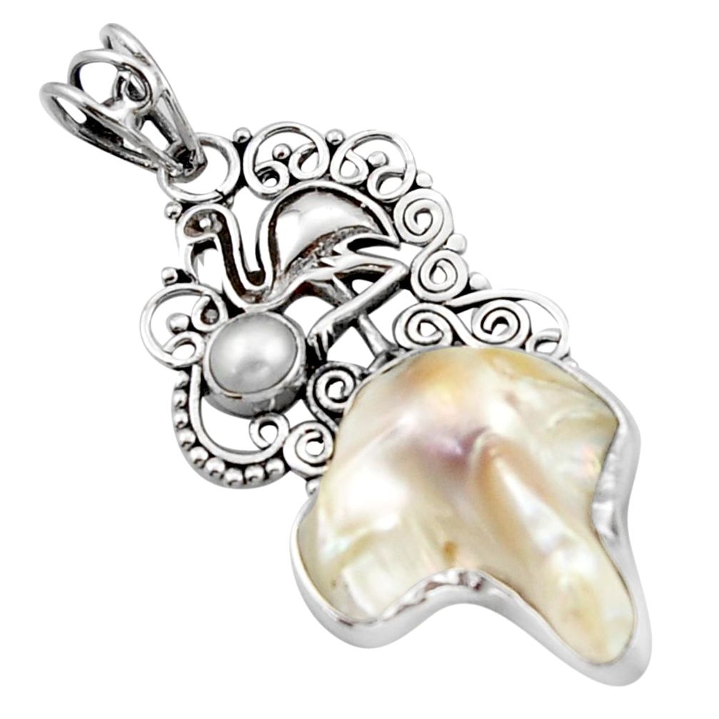 925 sterling silver 17.69cts natural white pearl flamingo pendant d46640