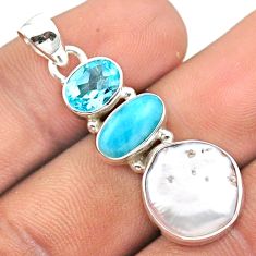 925 sterling silver 9.96cts natural white pearl larimar topaz pendant u14550