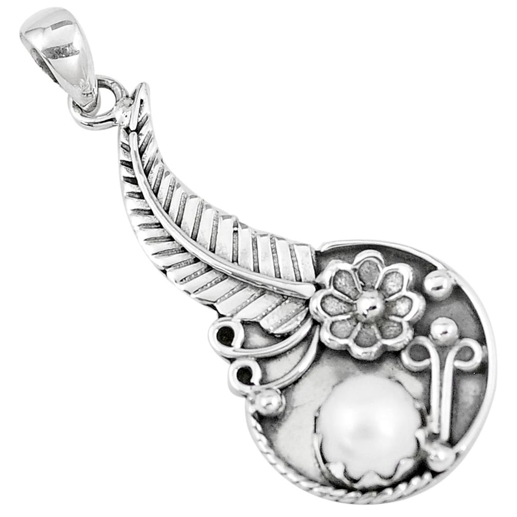 925 sterling silver 3.02cts natural white pearl round flower pendant p7110