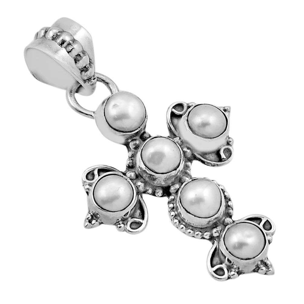 925 sterling silver 4.39cts natural white pearl round holy cross pendant n44329