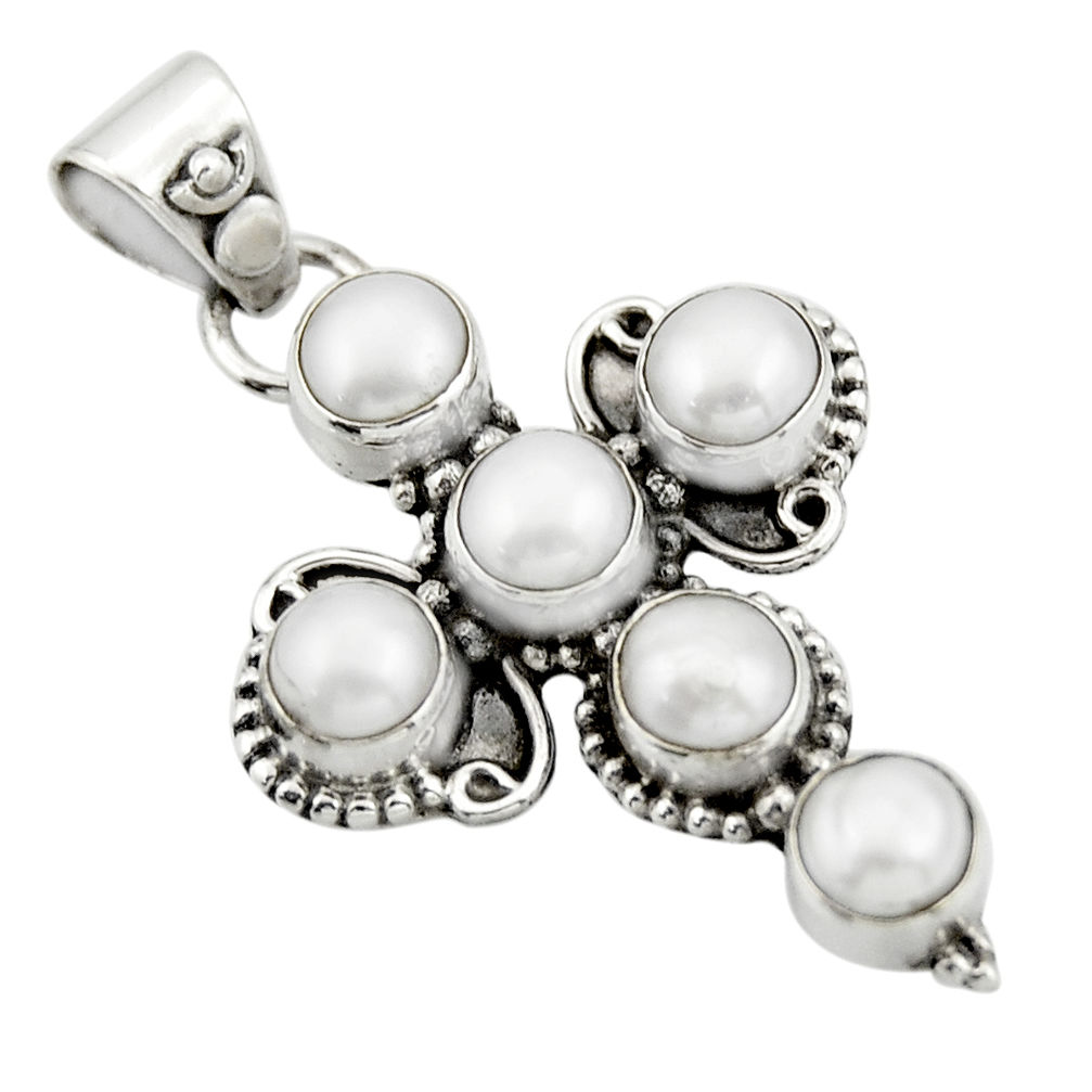 925 sterling silver 5.08cts natural white pearl round holy cross pendant r20778