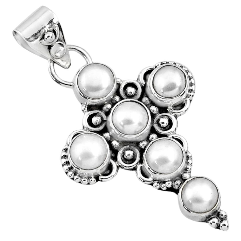 925 sterling silver 5.84cts natural white pearl round holy cross pendant r65032