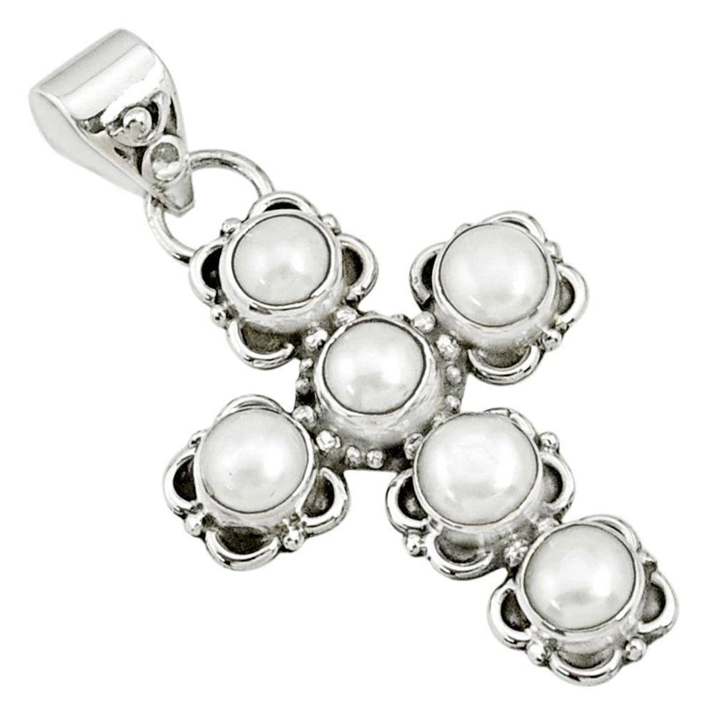 925 sterling silver 5.87cts natural white pearl round holy cross pendant r69411