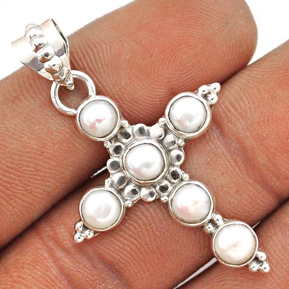 925 sterling silver 5.06cts natural white pearl round holy cross pendant t86012