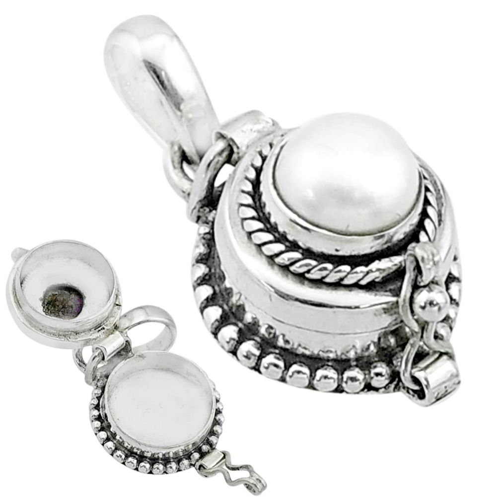 925 sterling silver 2.33cts natural white pearl round poison box pendant t52635