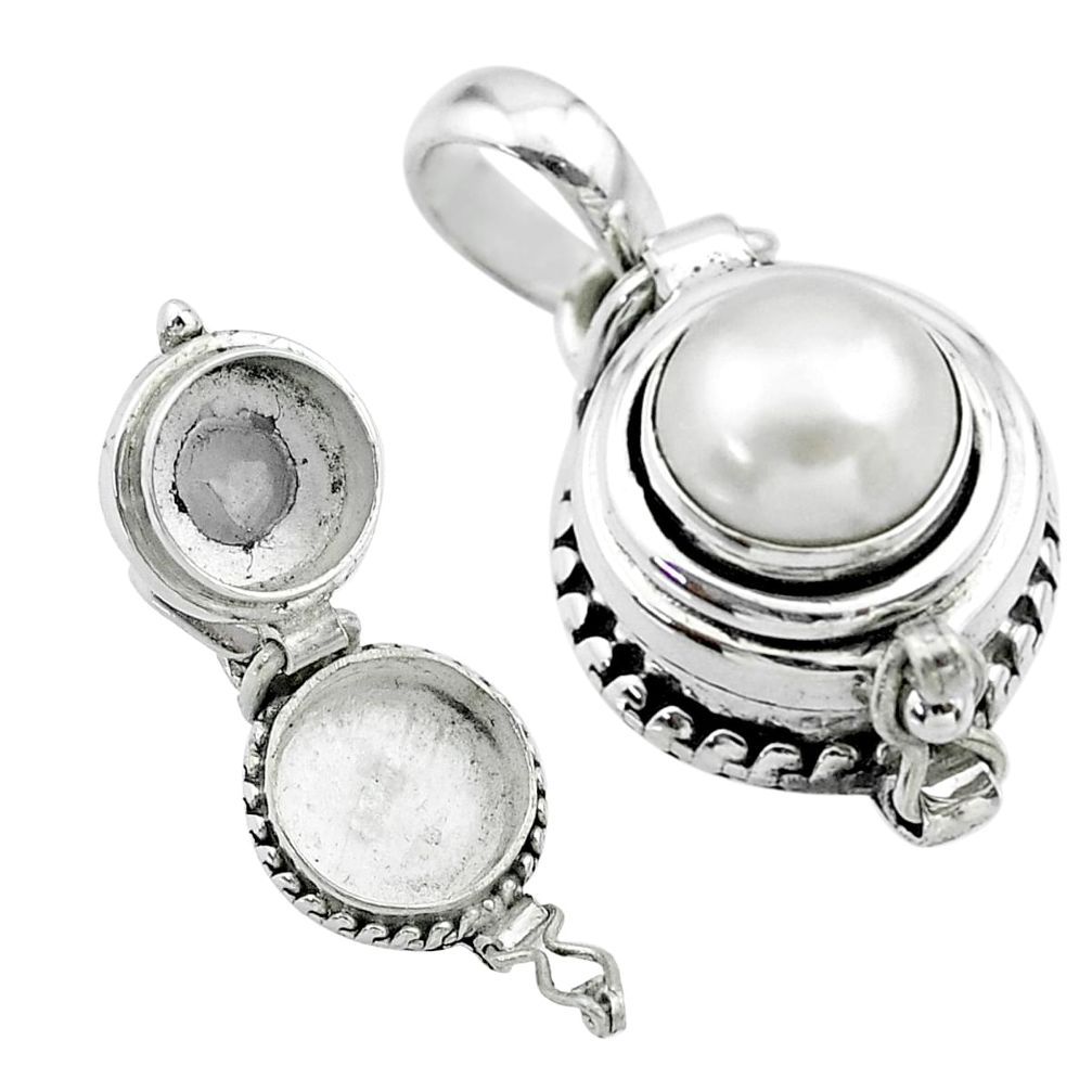 925 sterling silver 2.23cts natural white pearl round poison box pendant t52743