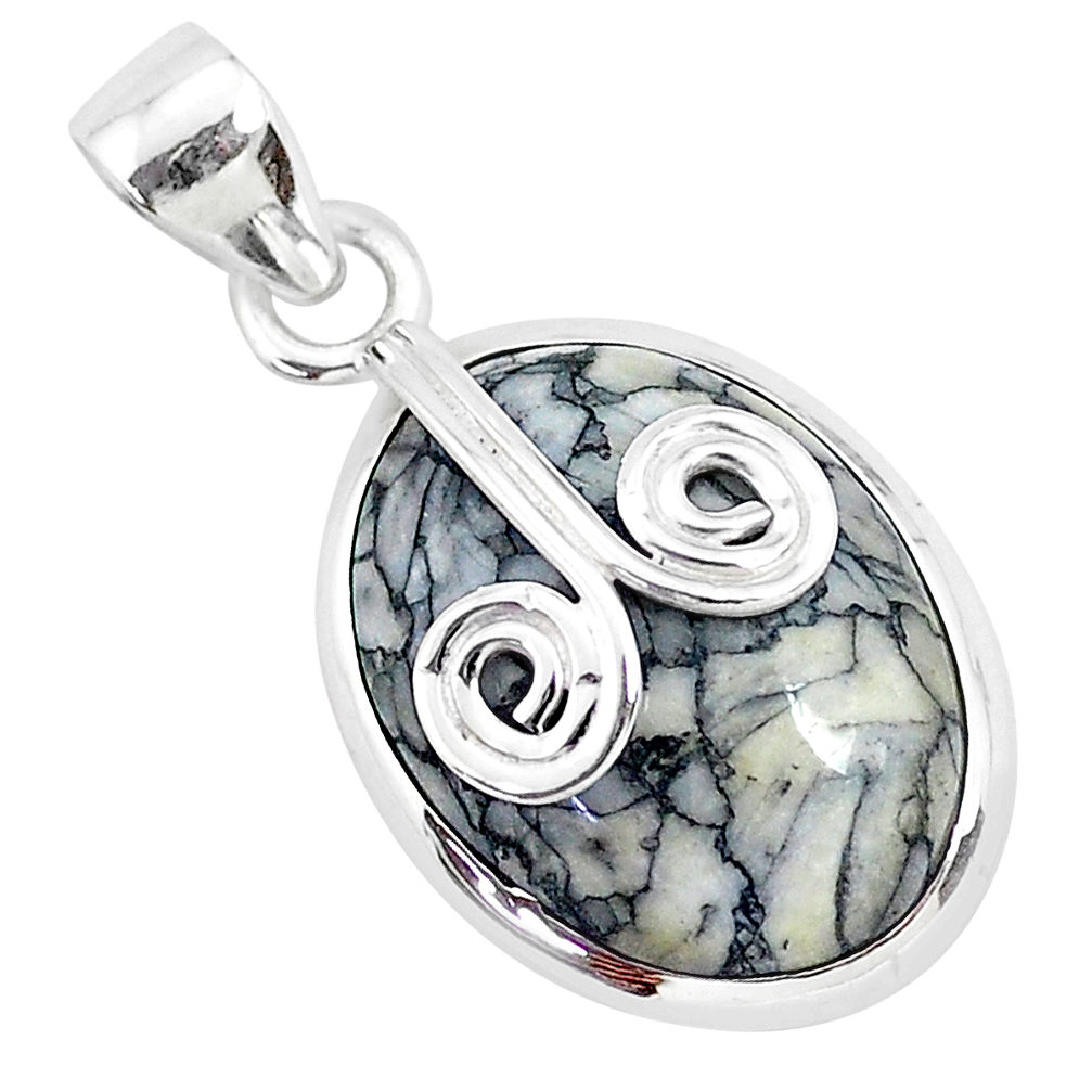 925 sterling silver 12.22cts natural white pinolith oval pendant jewelry r94460
