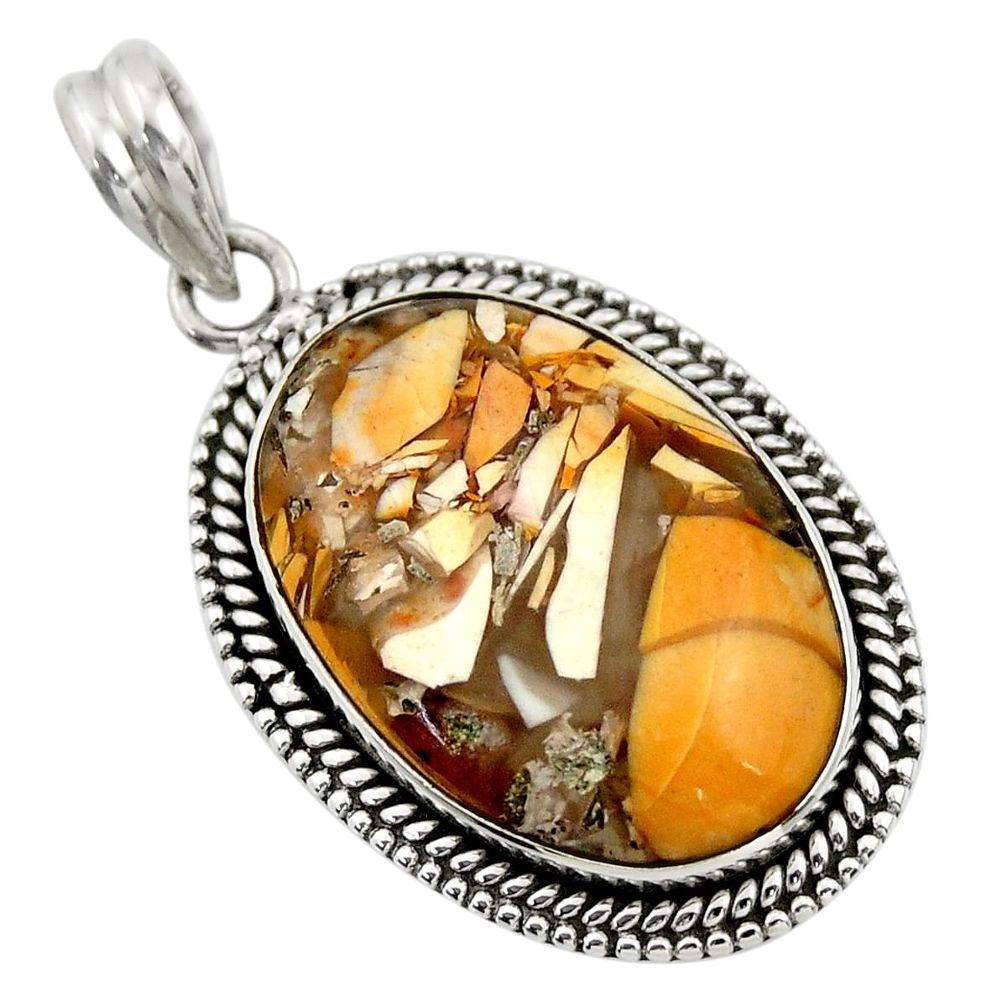 925 sterling silver 20.86cts natural yellow brecciated mookaite pendant r31913