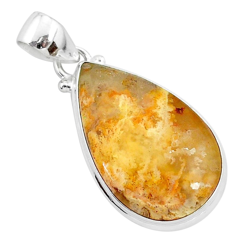 925 sterling silver 15.08cts natural yellow plume agate pear pendant r94910