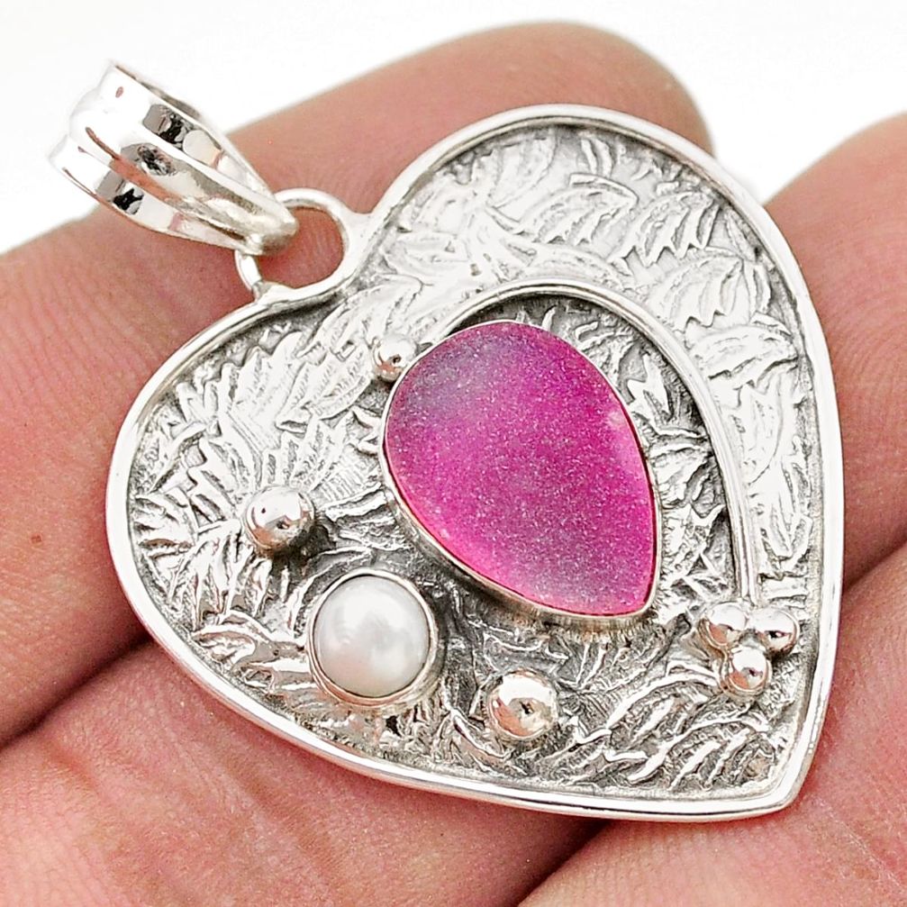 925 sterling silver 6.70cts pink druzy white pearl heart pendant jewelry d48472