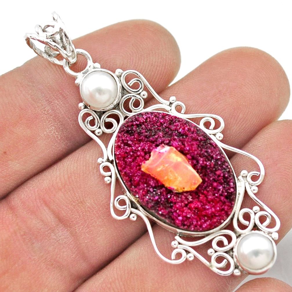 925 sterling silver 16.17cts pink druzy white pearl pendant jewelry d48411