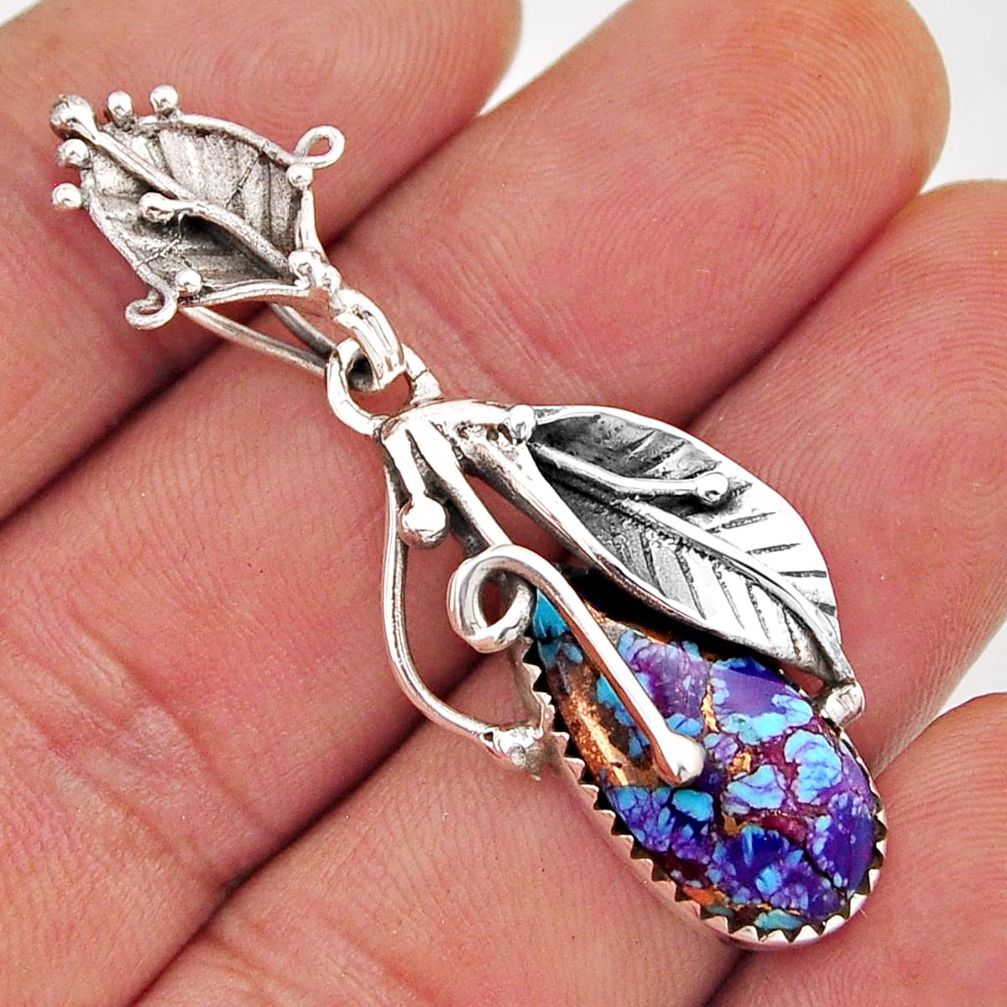 925 sterling silver 8.83cts purple copper turquoise deltoid leaf pendant n2436