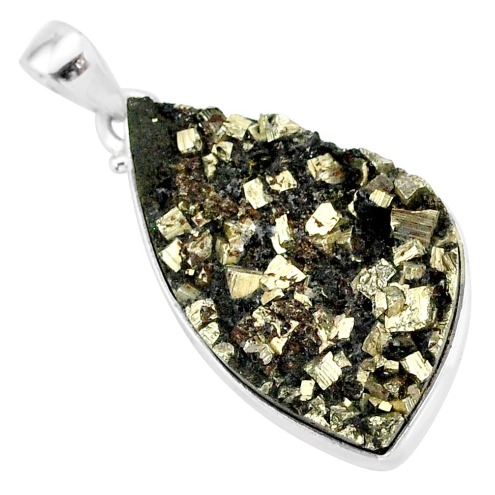 925 sterling silver 19.72cts pyrite on basalt matrix fancy pendant r85679