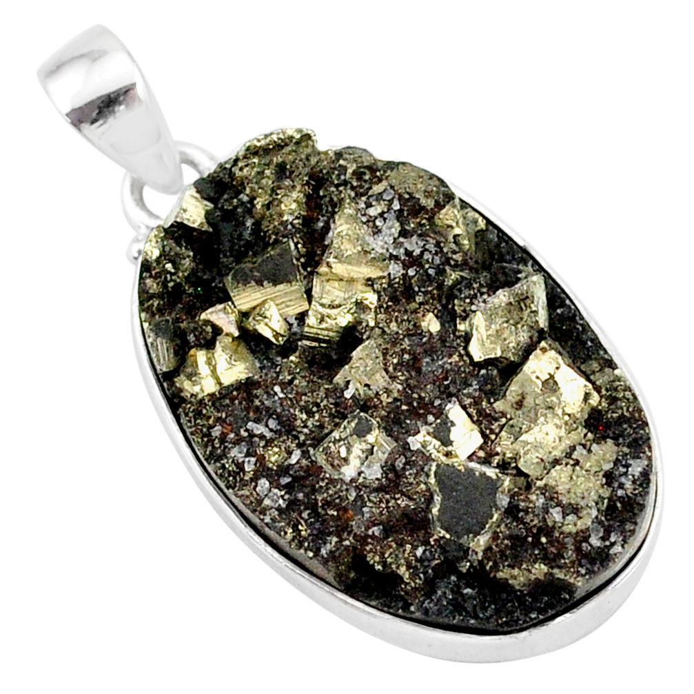 925 sterling silver 23.95cts pyrite on basalt matrix oval pendant r85650