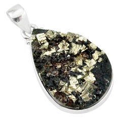 925 silver 22.02cts pyrite on basalt matrix pear handmade pendant r85659