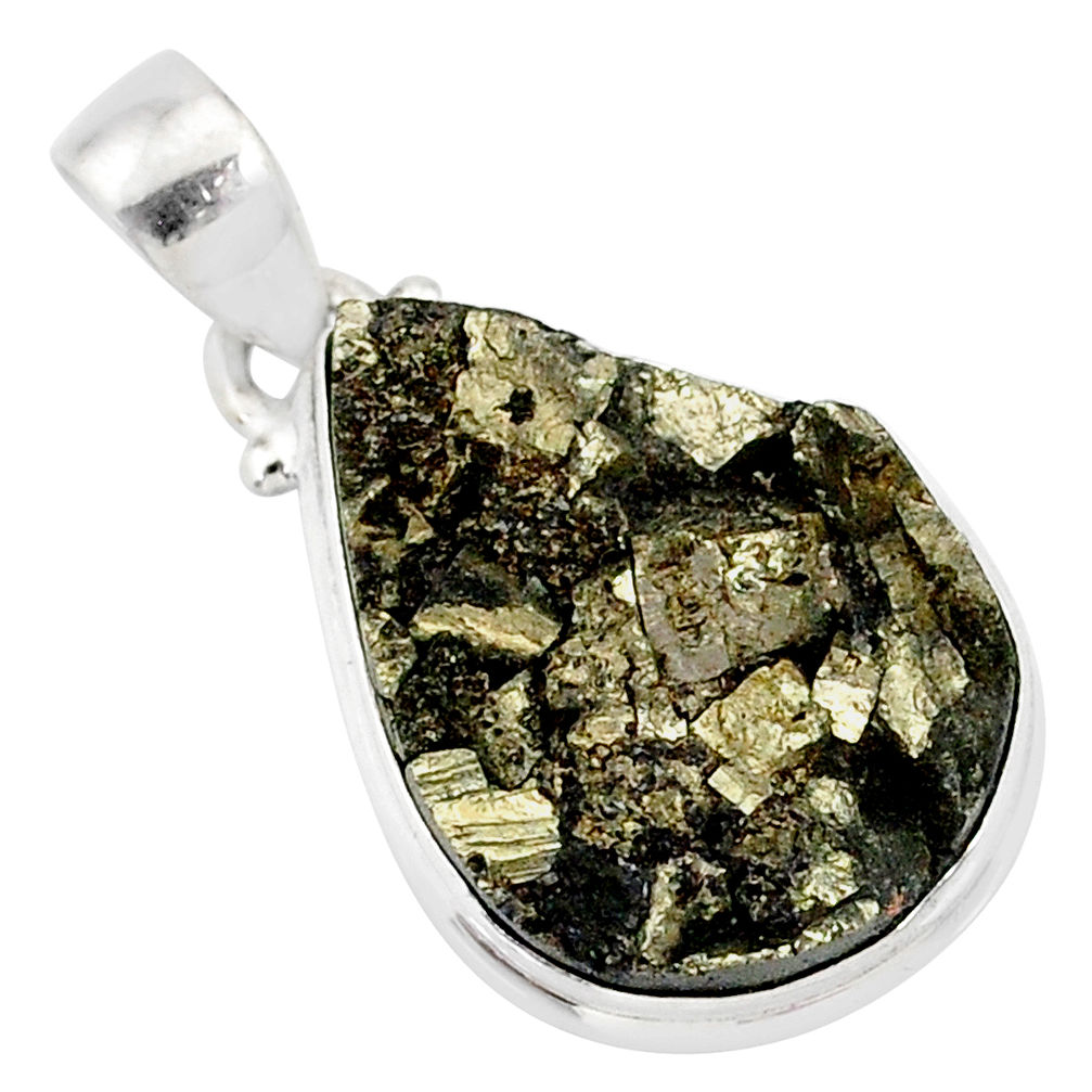 925 silver 14.65cts pyrite on basalt matrix pear handmade pendant r85694