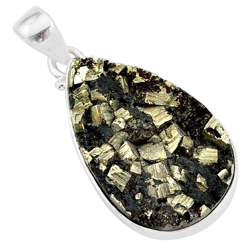 925 sterling silver 18.10cts pyrite on basalt matrix pear shape pendant r85644