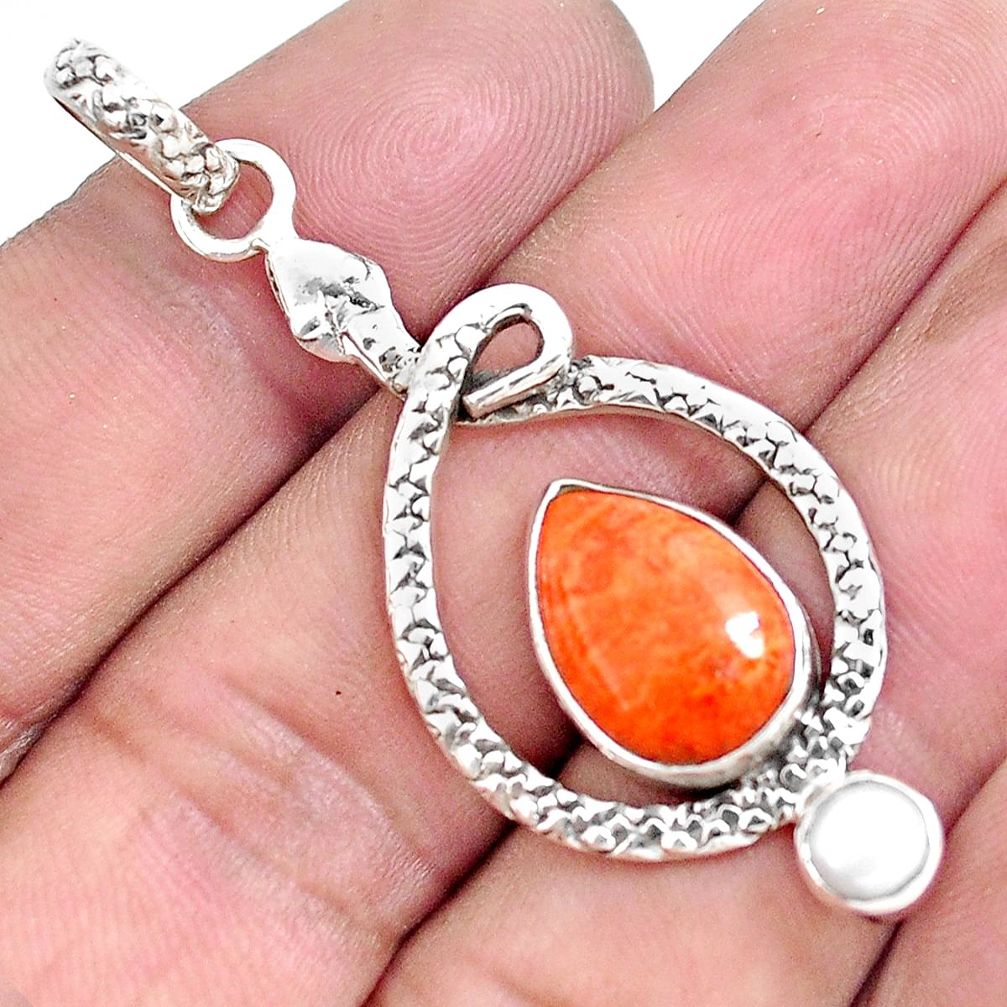 925 sterling silver 7.12cts red copper turquoise pearl snake pendant p49271