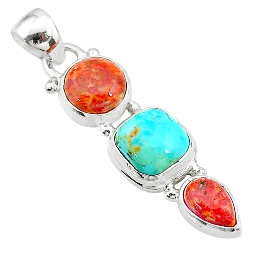 925 sterling silver 7.68cts red coral arizona mohave turquoise pendant t18726