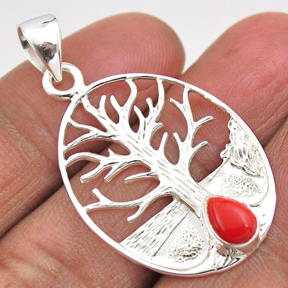 925 sterling silver 2.01cts red coral pear tree of life pendant jewelry t88486