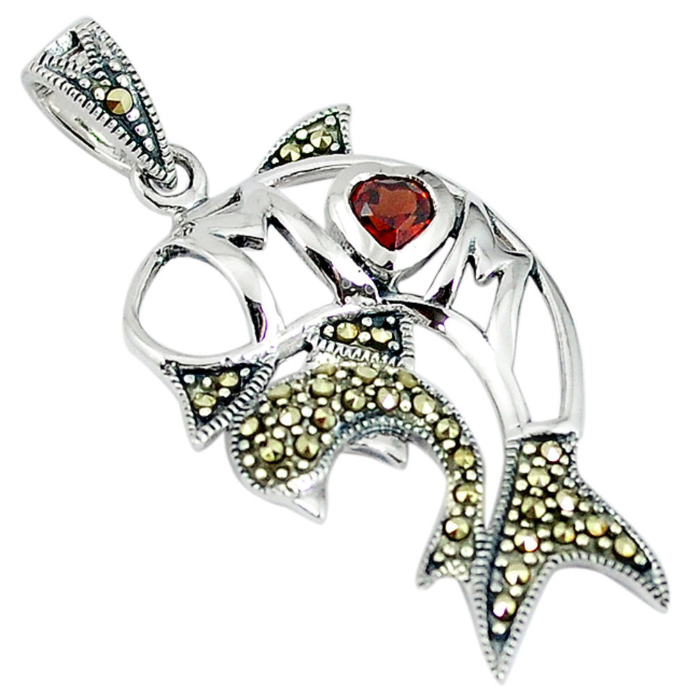 LAB 925 sterling silver red garnet quartz marcasite fish pendant jewelry c22856