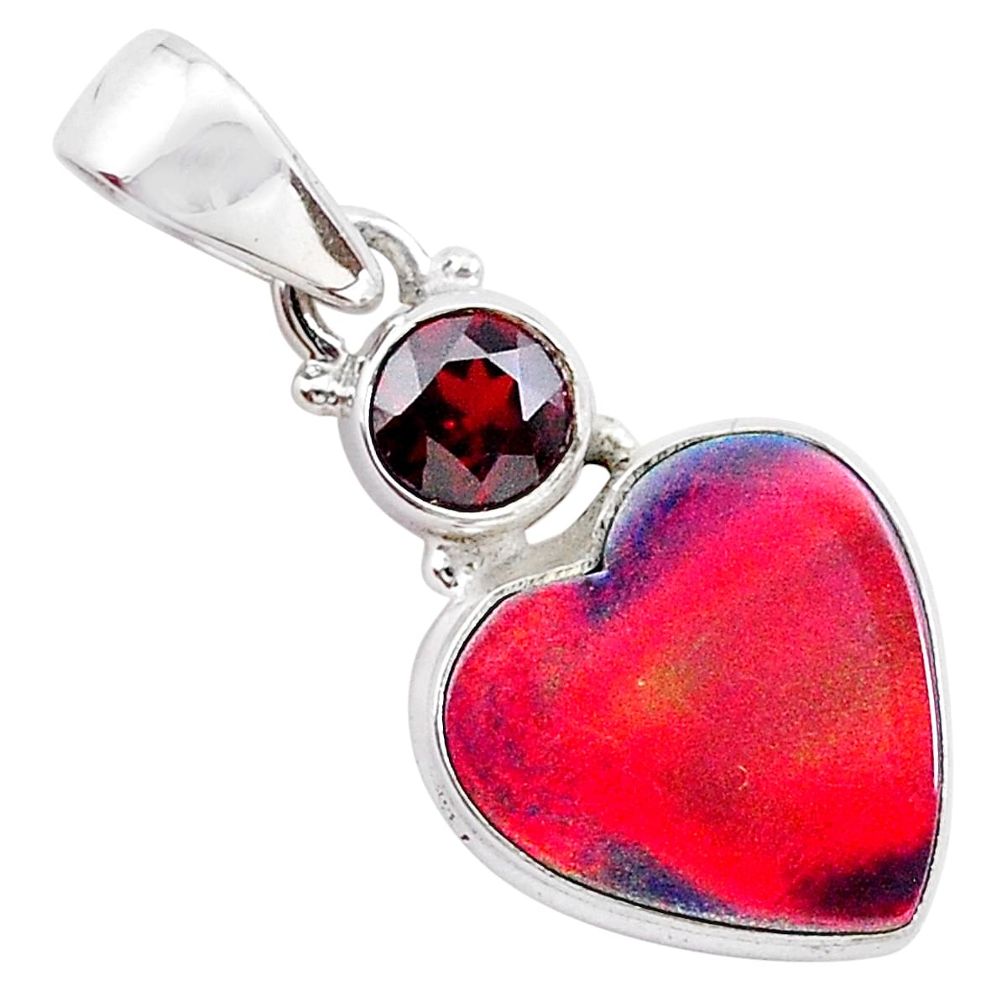 925 silver 4.82cts volcano aurora opal (lab) heart garnet pendant t25937