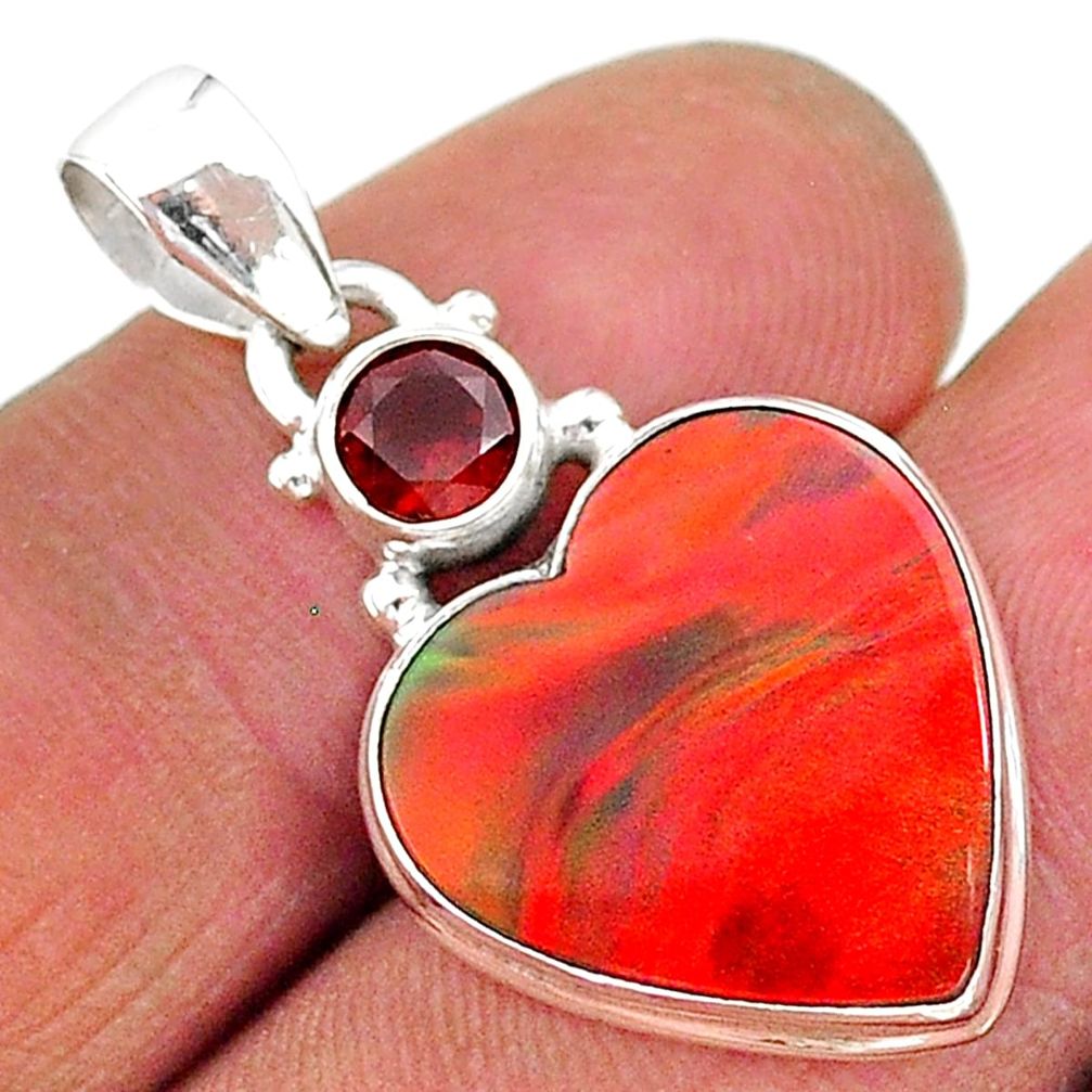 925 silver 8.68cts volcano aurora opal (lab) heart red garnet pendant t16903