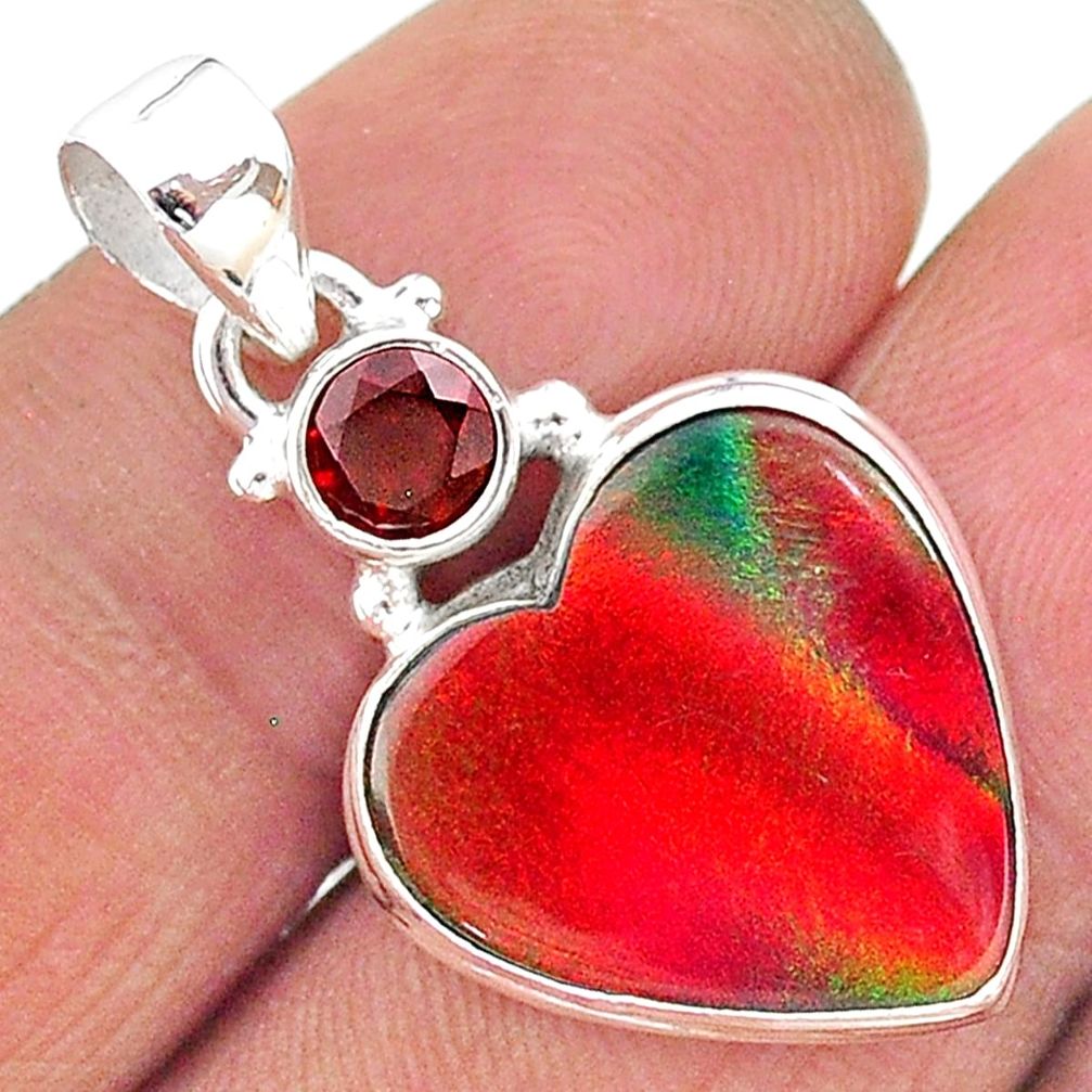 925 silver 9.18cts volcano aurora opal (lab) heart red garnet pendant t16920