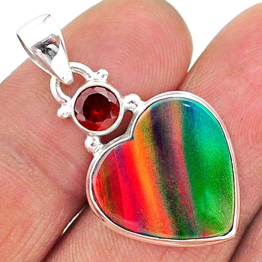 925 silver 9.57cts volcano aurora opal (lab) heart red garnet pendant t16936
