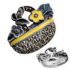 925 sterling silver 7.68gms yellow black enamel marcasite brooch pendant y83600