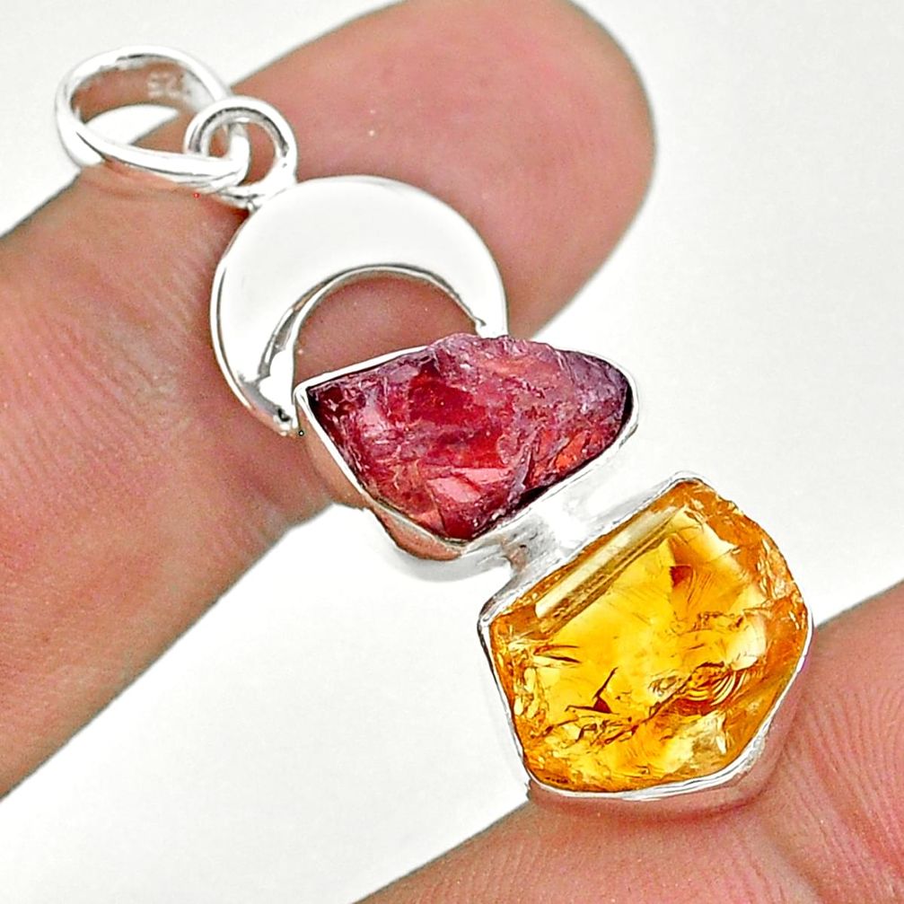 925 sterling silver 13.77cts yellow citrine rough garnet moon pendant t33634