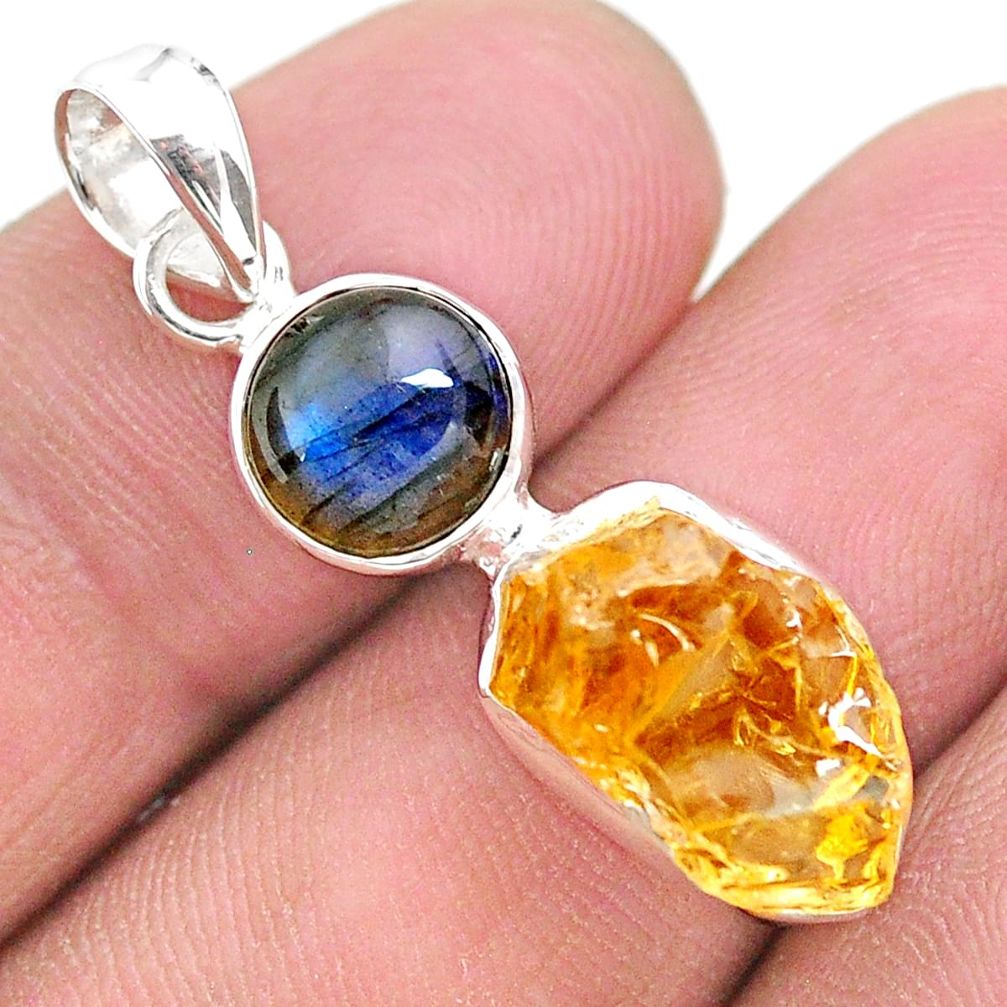 925 sterling silver 9.34cts yellow citrine raw labradorite pendant t25495